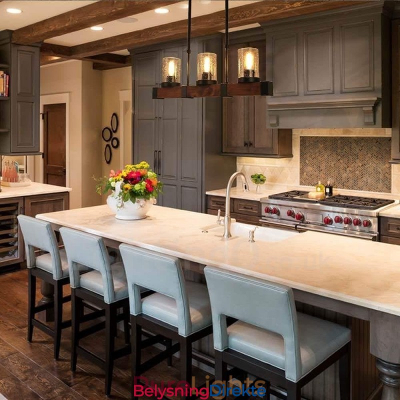 3-Lys Vintage Trelysekrone Industriell Vindloft Tre Lineær Pendelbelysning