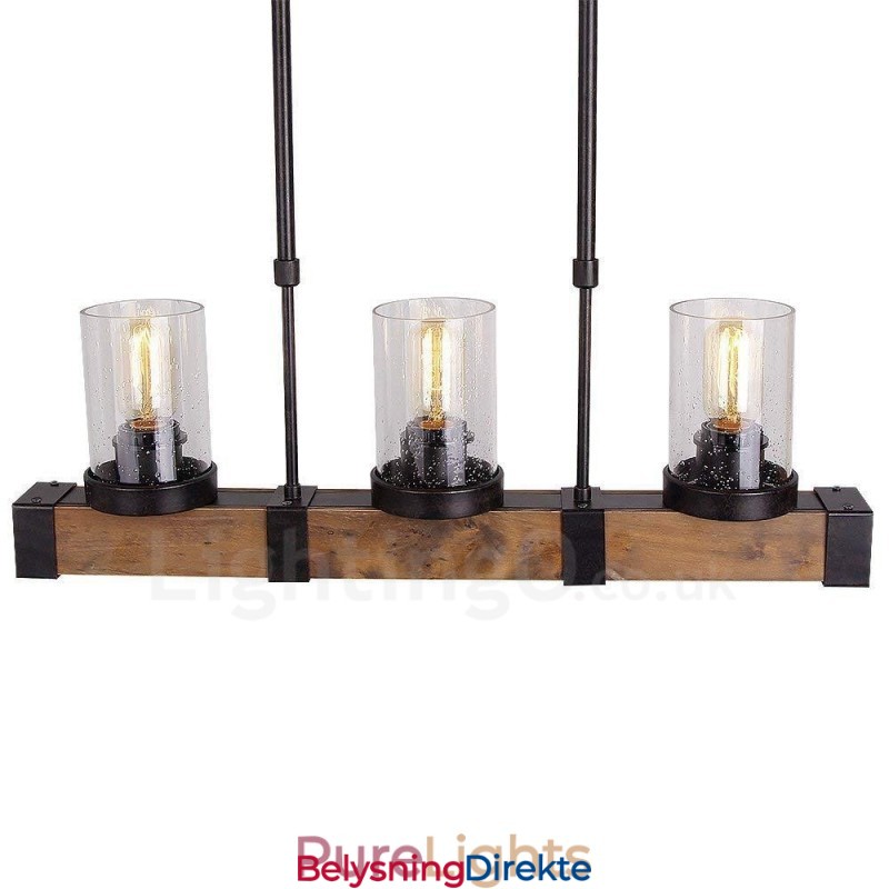 3-Lys Vintage Trelysekrone Industriell Vindloft Tre Lineær Pendelbelysning