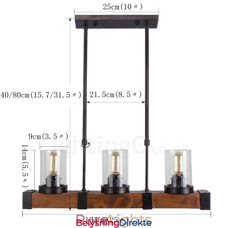 3-Lys Vintage Trelysekrone Industriell Vindloft Tre Lineær Pendelbelysning