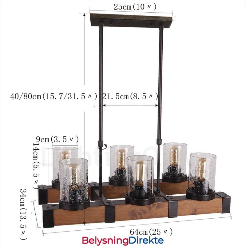 6 Lys Vintage Trelysekrone Industriell Vind Loft Tre Lineær Pendelbelysning