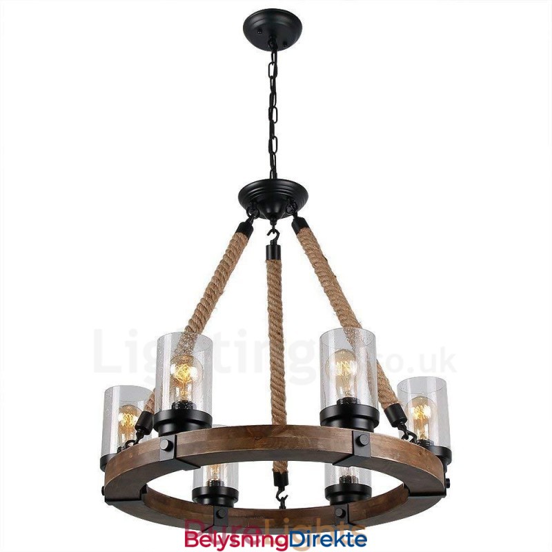 Vintage Lysekrone I Tre Med 6 Lysringer, Industriell Vind-Loft-Tre, Lineær Pendellampe