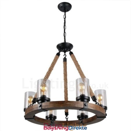 Vintage Lysekrone I Tre Med 6 Lysringer, Industriell Vind-Loft-Tre, Lineær Pendellampe