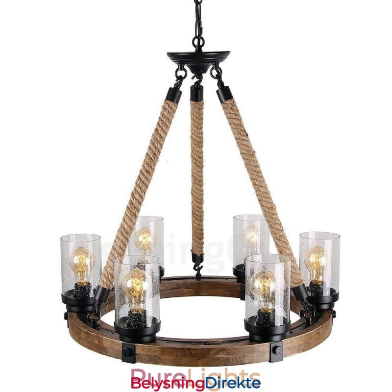 Vintage Lysekrone I Tre Med 6 Lysringer, Industriell Vind-Loft-Tre, Lineær Pendellampe