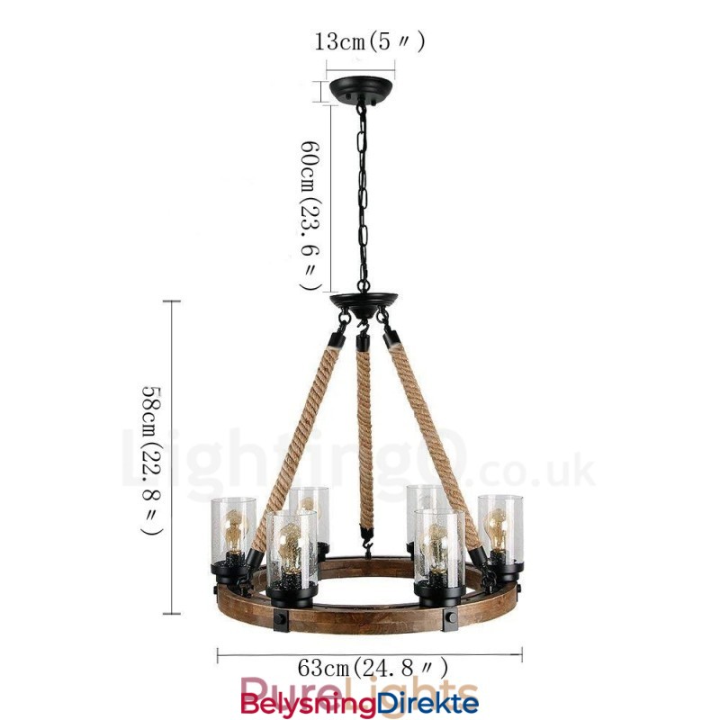 Vintage Lysekrone I Tre Med 6 Lysringer, Industriell Vind-Loft-Tre, Lineær Pendellampe