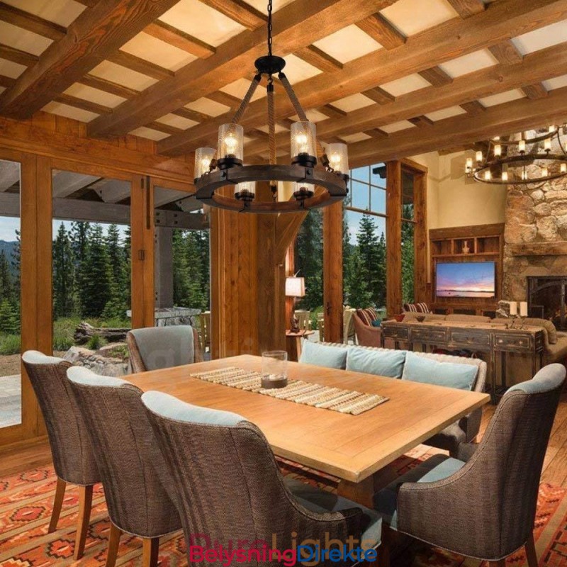 Vintage Lysekrone I Tre Med 6 Lysringer, Industriell Vind-Loft-Tre, Lineær Pendellampe