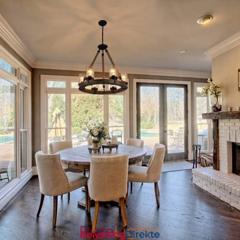 Vintage Lysekrone I Tre Med 6 Lysringer, Industriell Vind-Loft-Tre, Lineær Pendellampe