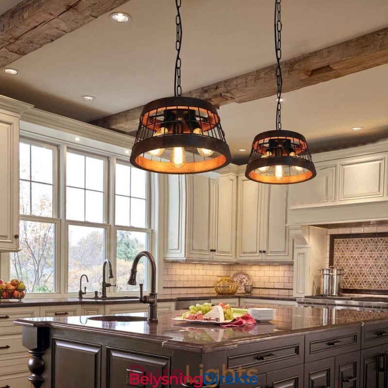 3-Lysring Vintage Trelysekrone Industriell Vind Loft Tre Lineær Pendelbelysning
