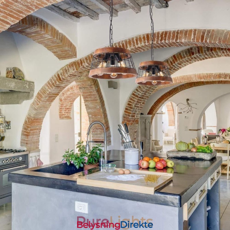 3-Lysring Vintage Trelysekrone Industriell Vind Loft Tre Lineær Pendelbelysning