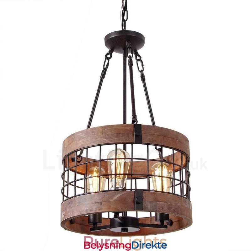 3-Lyss Trommel Vintage Trelysekrone Industriell Vind Loft Tre Lineær Pendelbelysning