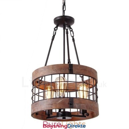 3-Lyss Trommel Vintage Trelysekrone Industriell Vind Loft Tre Lineær Pendelbelysning