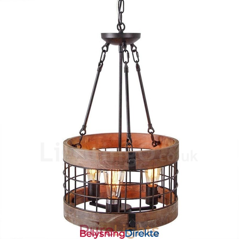 3-Lyss Trommel Vintage Trelysekrone Industriell Vind Loft Tre Lineær Pendelbelysning
