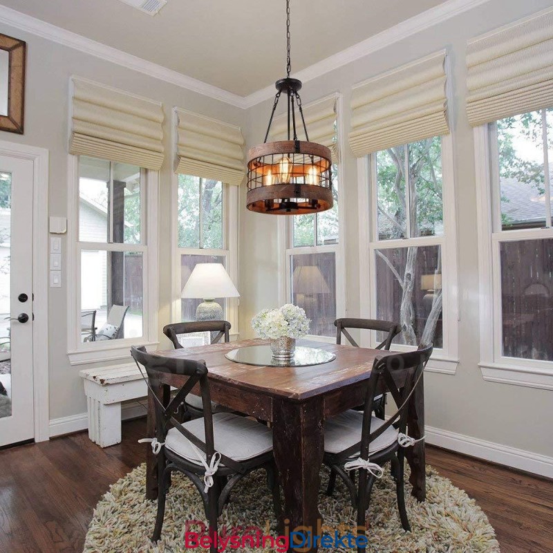 3-Lyss Trommel Vintage Trelysekrone Industriell Vind Loft Tre Lineær Pendelbelysning