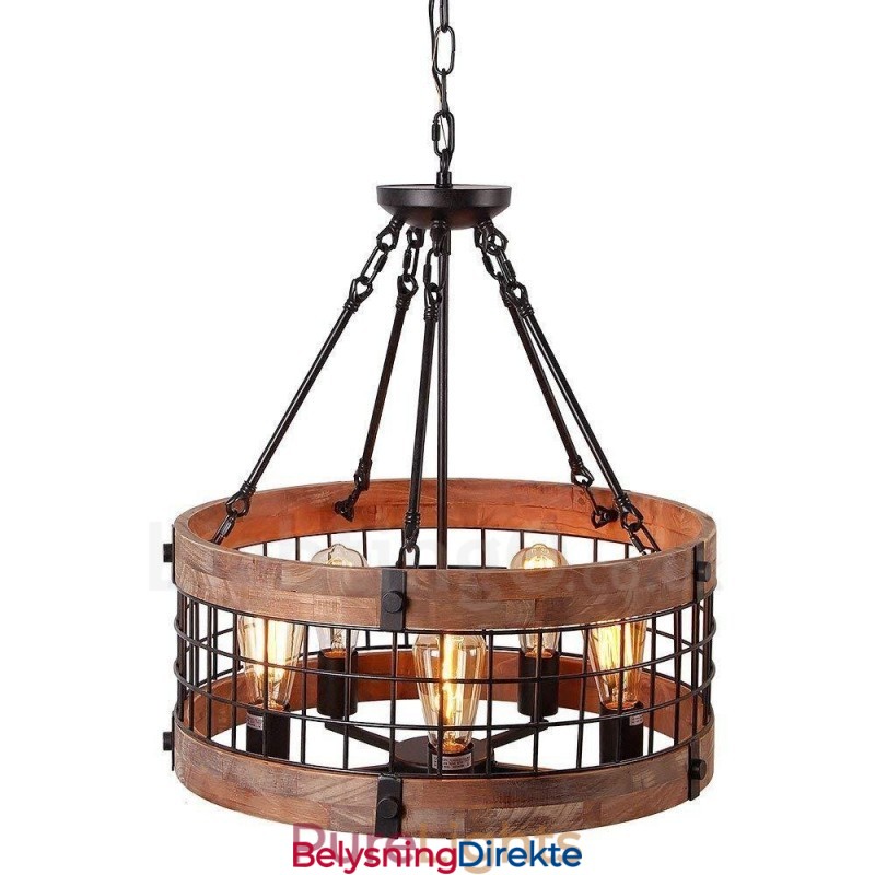 5-Lyss Trommel Vintage Trelysekrone Industriell Vind Loft Tre Lineær Pendelbelysning