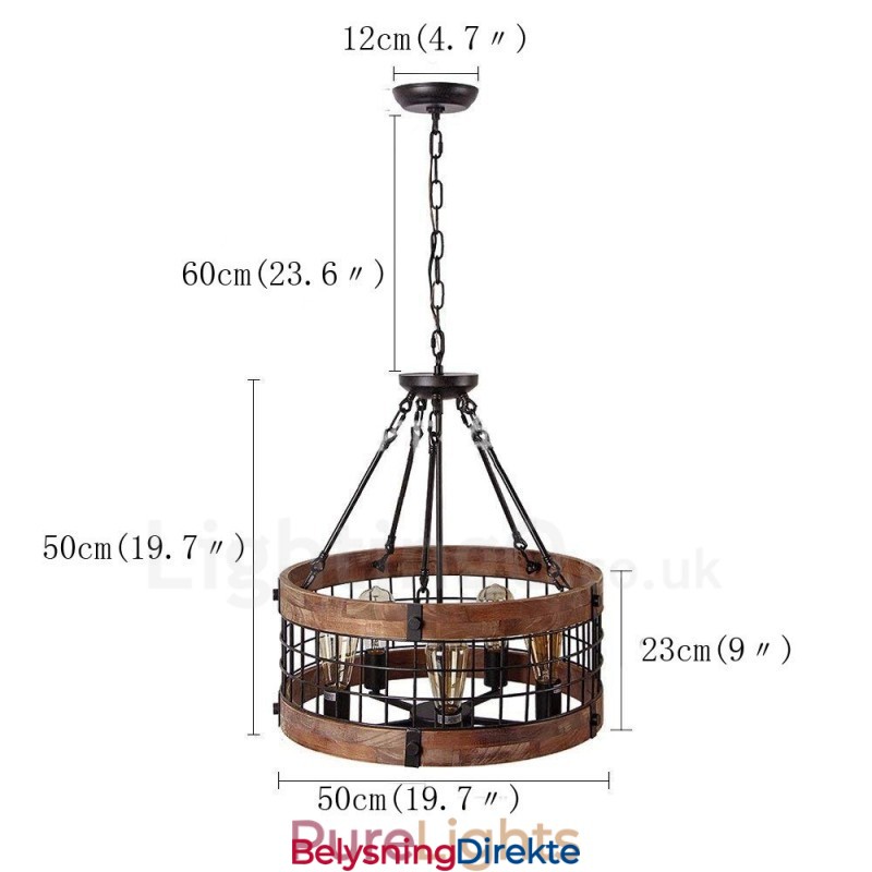 5-Lyss Trommel Vintage Trelysekrone Industriell Vind Loft Tre Lineær Pendelbelysning