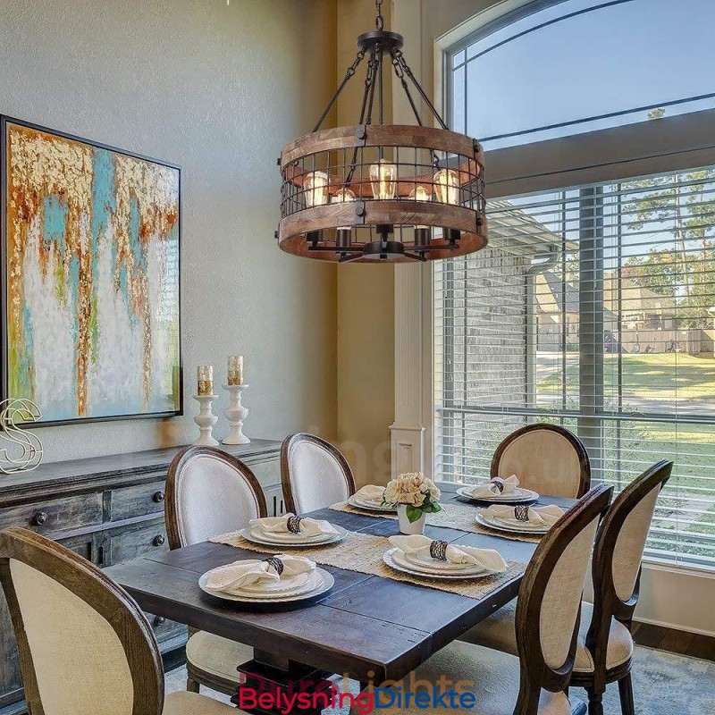 5-Lyss Trommel Vintage Trelysekrone Industriell Vind Loft Tre Lineær Pendelbelysning