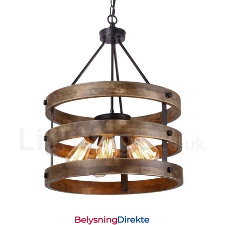 5-Lyss Trommel Vintage Trelysekrone Industriell Vind Loft Tre Lineær Pendelbelysning