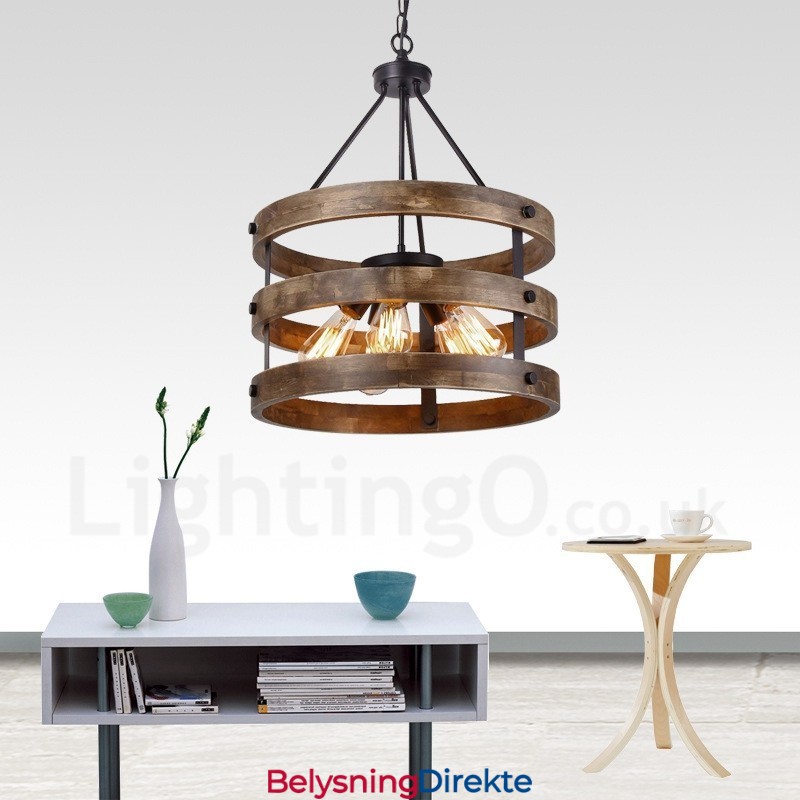 5-Lyss Trommel Vintage Trelysekrone Industriell Vind Loft Tre Lineær Pendelbelysning