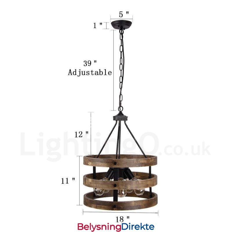 5-Lyss Trommel Vintage Trelysekrone Industriell Vind Loft Tre Lineær Pendelbelysning