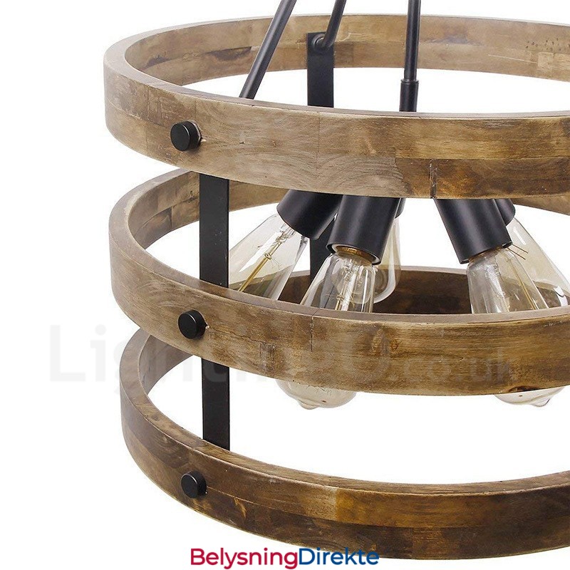 5-Lyss Trommel Vintage Trelysekrone Industriell Vind Loft Tre Lineær Pendelbelysning