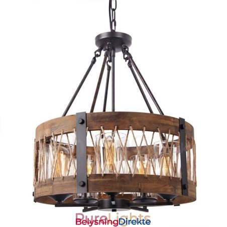 5-Lyss Trommel Vintage Trelysekrone Industriell Vind Loft Tre Lineær Pendelbelysning