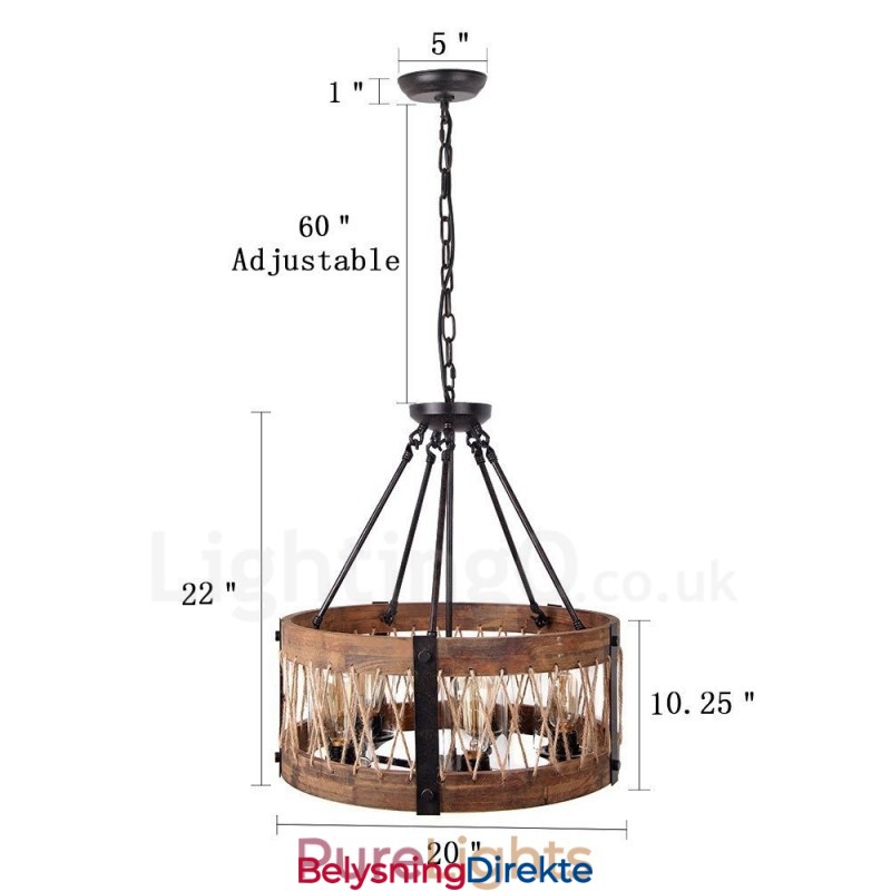 5-Lyss Trommel Vintage Trelysekrone Industriell Vind Loft Tre Lineær Pendelbelysning