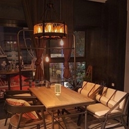 5-Lyss Trommel Vintage Trelysekrone Industriell Vind Loft Tre Lineær Pendelbelysning