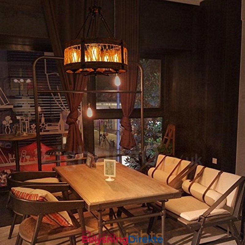 5-Lyss Trommel Vintage Trelysekrone Industriell Vind Loft Tre Lineær Pendelbelysning