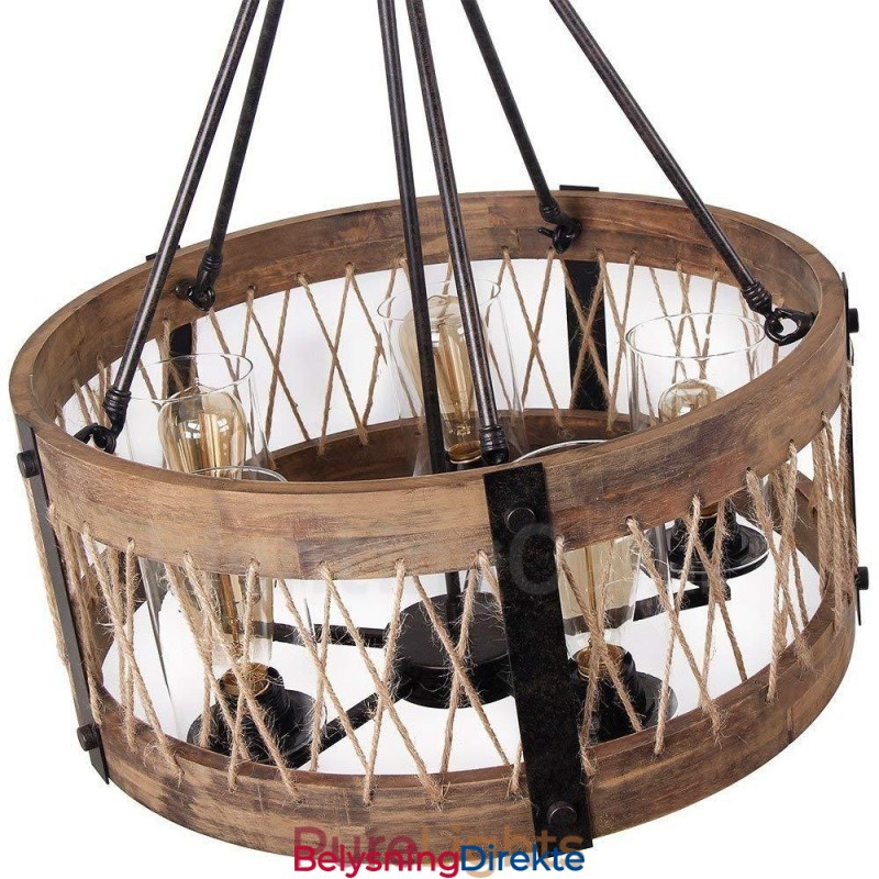 5-Lyss Trommel Vintage Trelysekrone Industriell Vind Loft Tre Lineær Pendelbelysning