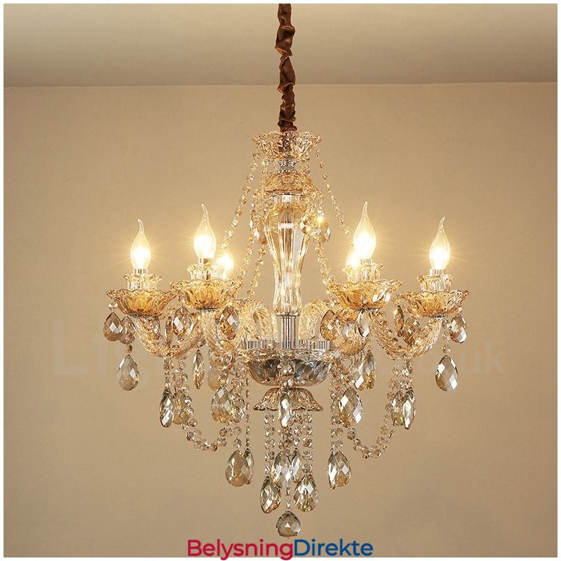 Elegant Krystalllysekrone I Konjakkfarget Med 6 Lys