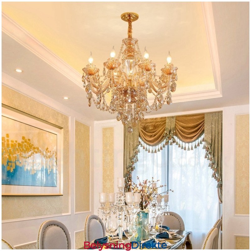 8 Lys Ravfarget Gull Elegant Krystalllysekrone