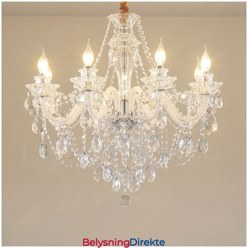 8 Lys Klar Krystall Lysekrone Med Hvit Arm