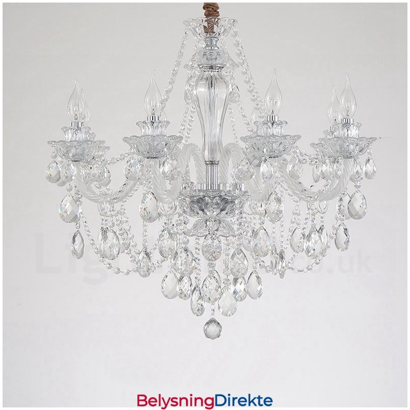 8 Lys Klar Krystall Lysekrone Med Hvit Arm