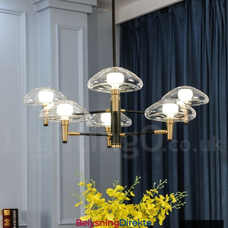 6 Lys Opplyst Galvanisert Lysekrone Med Malt Finish Og Glassskjermer