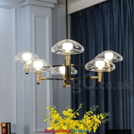 6 Lys Opplyst Galvanisert Lysekrone Med Malt Finish Og Glassskjermer