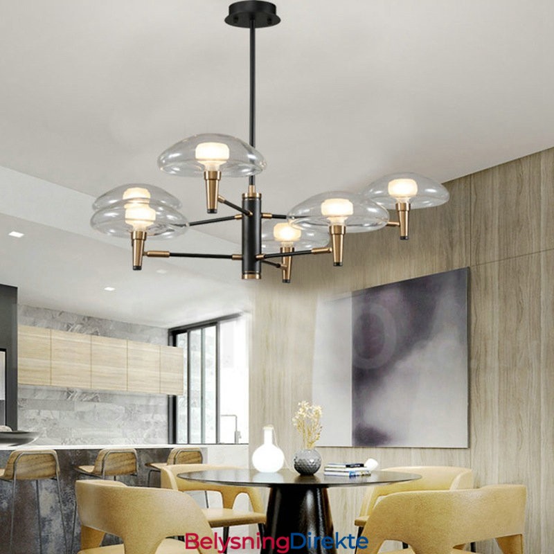 6 Lys Opplyst Galvanisert Lysekrone Med Malt Finish Og Glassskjermer