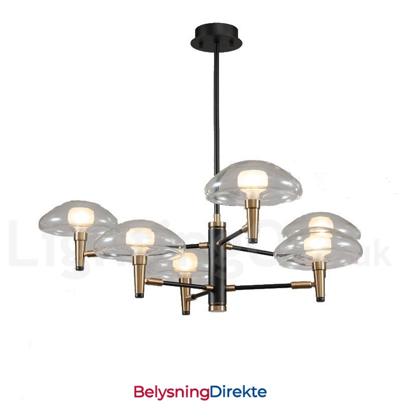 6 Lys Opplyst Galvanisert Lysekrone Med Malt Finish Og Glassskjermer