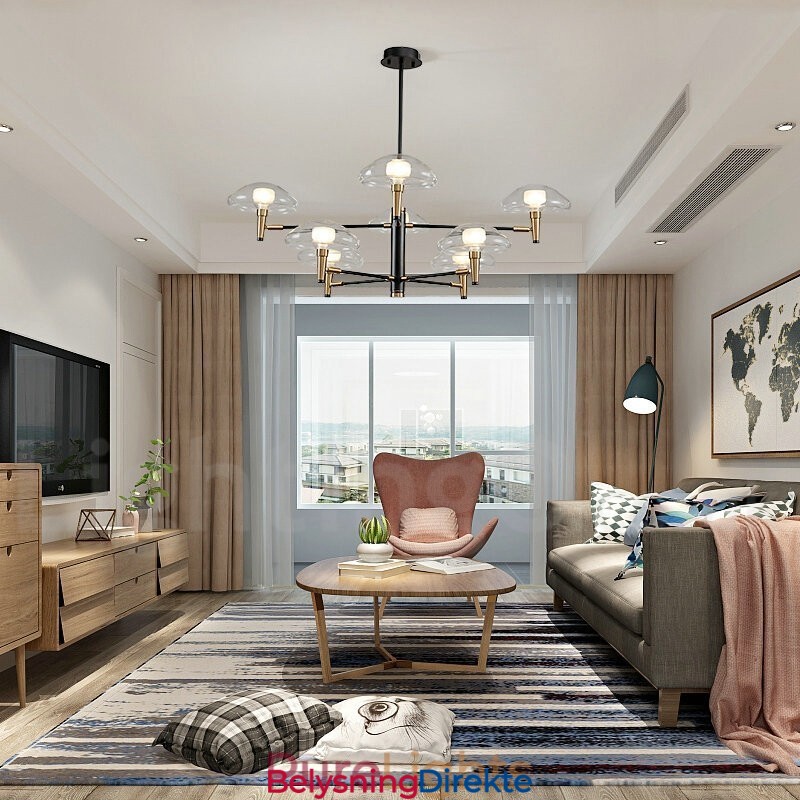 8 Lys Opplysende Lysekrone Med Galvanisert Malt Finish Og Glassskjermer