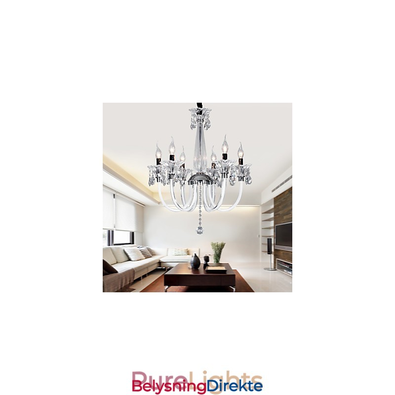 Elegant Krystalllysekrone Med 6 Lys I Stearinlyspære