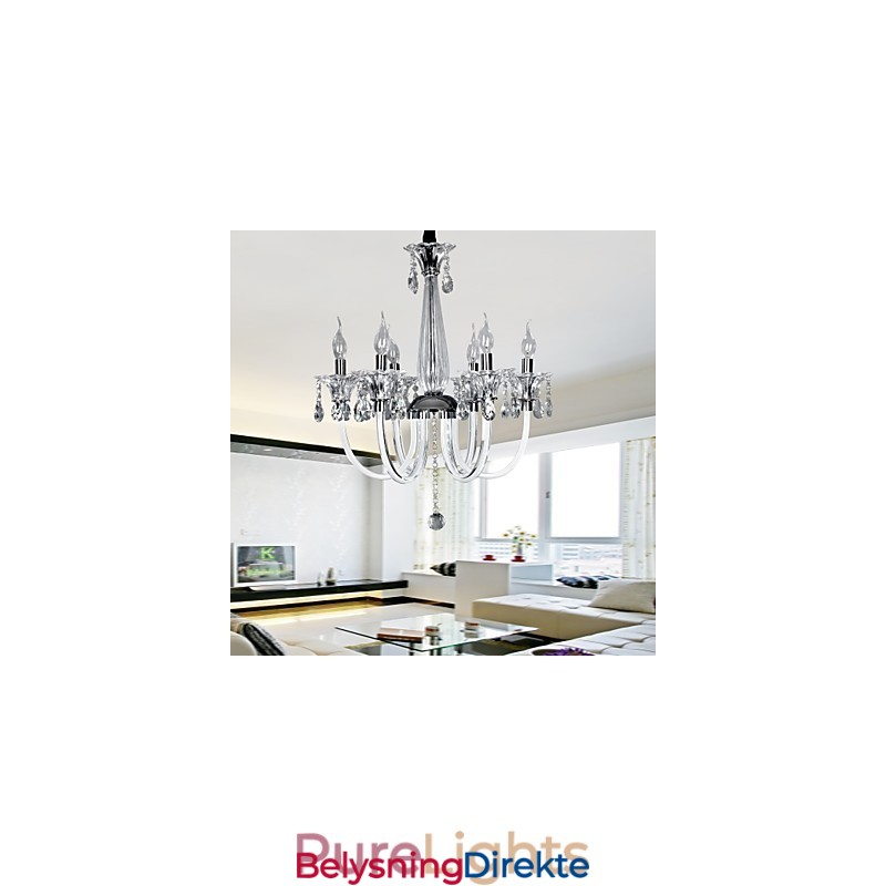 Elegant Krystalllysekrone Med 6 Lys I Stearinlyspære