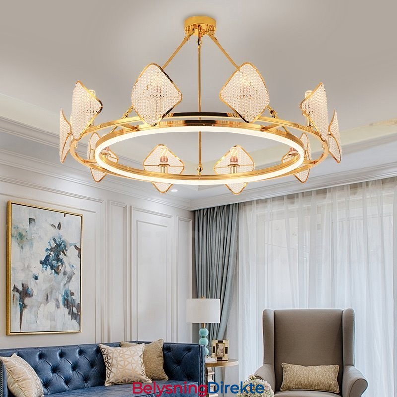 Gull Postmodern Luksuriøs Rund K9 Krystall Anhengslysekrone Med Akrylskjerm Utstillingshall