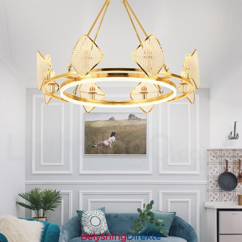 Gull Postmodern Luksuriøs Rund K9 Krystall Anhengslysekrone Med Akrylskjerm Utstillingshall