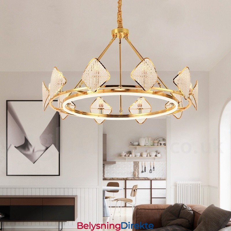 Gull Postmodern Luksuriøs Rund K9 Krystall Anhengslysekrone Med Akrylskjerm Utstillingshall