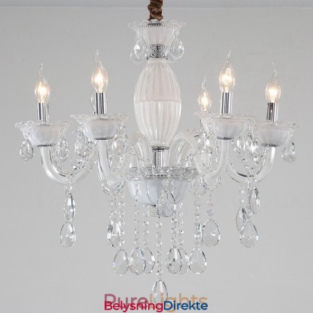 Hvit Lysekrone Med 6 Lys Og Krystall