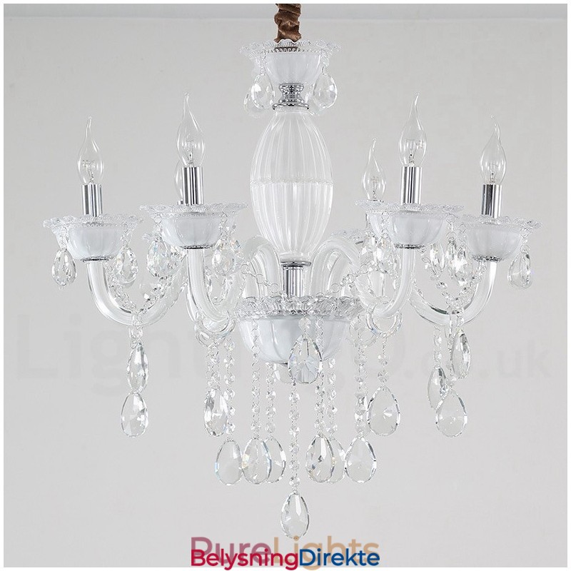 Hvit Lysekrone Med 6 Lys Og Krystall