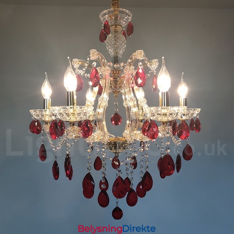 6 Lys Gulllysekrone Med Rød Krystall