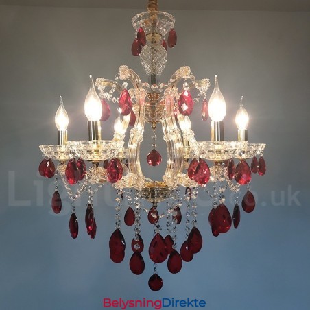 6 Lys Gulllysekrone Med Rød Krystall