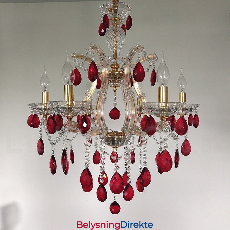 6 Lys Gulllysekrone Med Rød Krystall
