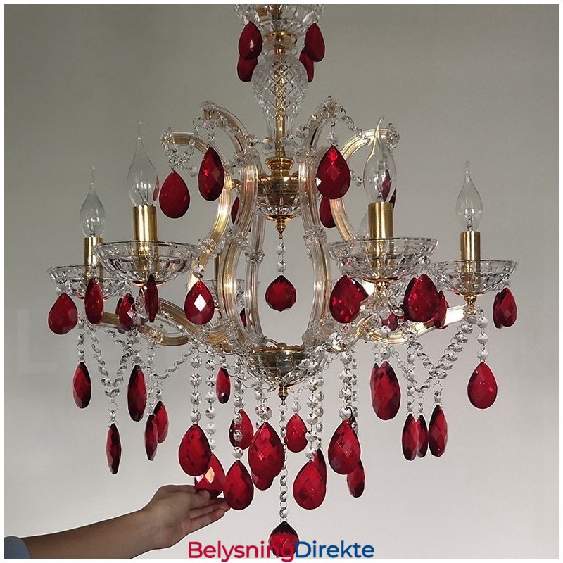 6 Lys Gulllysekrone Med Rød Krystall