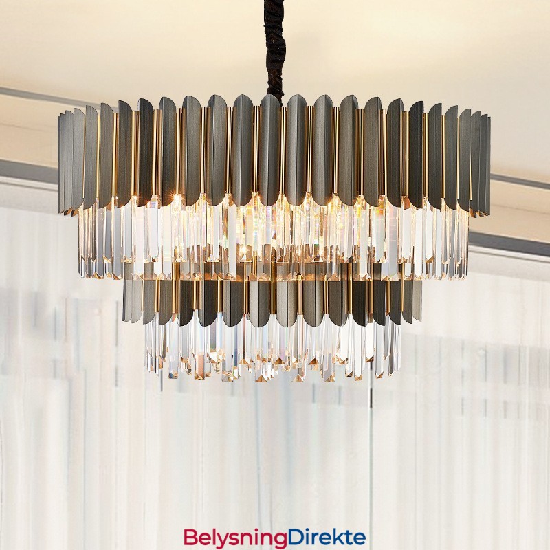 To-Etasjes Luksuriøs Postmoderne Svart Og Gull Rund K9 Krystall Anhengslysekrone