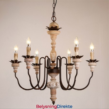 Landlig Vintage Lysekrone I Tre Med 6 Lys